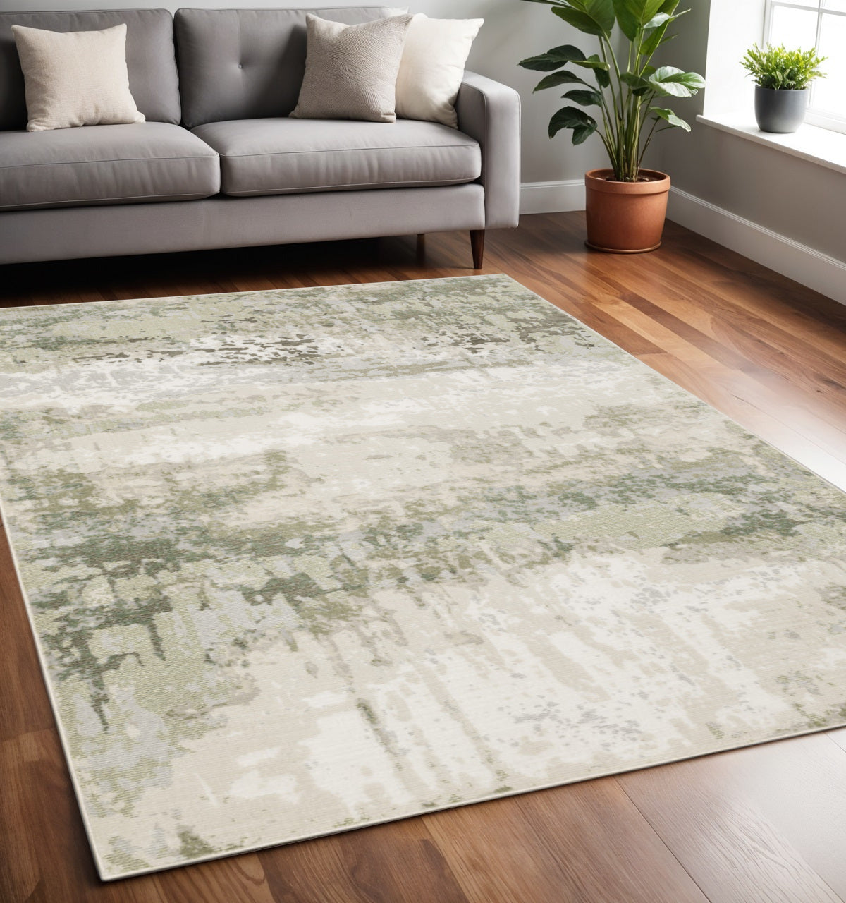 5' X 8' Beige And Green Abstract Distressed Area Rug