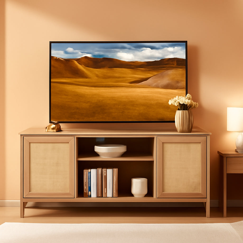 TV Stand for Living Room : Rattan TV Console Cabinet with Storage and Shelf, Boho Entertainment Center, 59" Media Console for 55, 65 Inch TV, 26" Tall Wood Television Stands, Oak-0