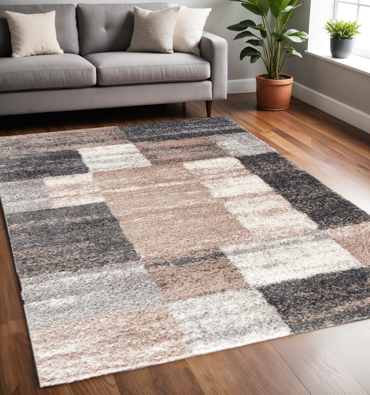 5' X 8' Beige Modern Blocks Area Rug