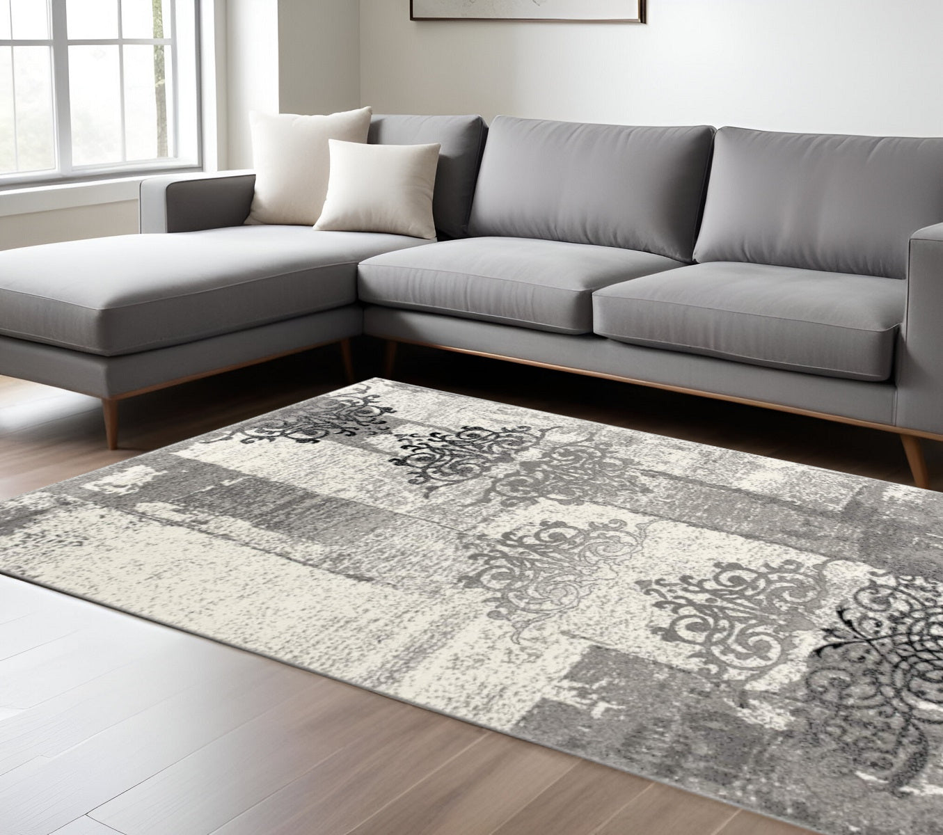 8' X 10' Gray Damask Dhurrie Area Rug