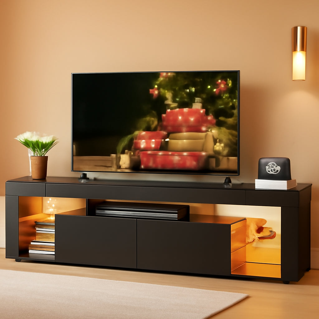 63 Inch TV Stand, LED Entertainment Center for 60 to 70 Inch TV, Modern TV Console with 2 Drawers, TV Stands for Living Room, Black-0