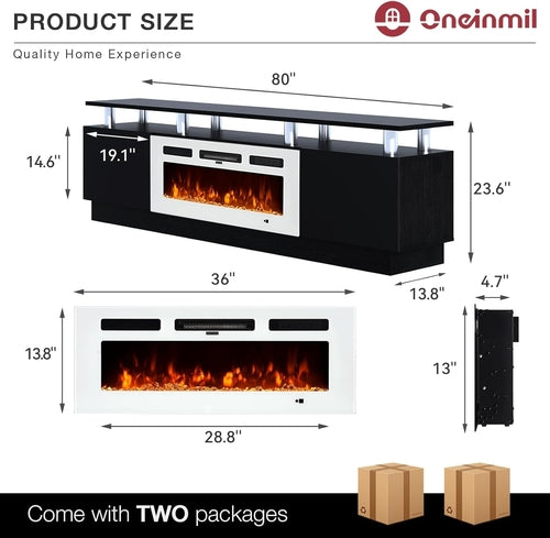 Fireplace TV Stand with 36” Electric Fireplace, 80” 2 Tier TV Console