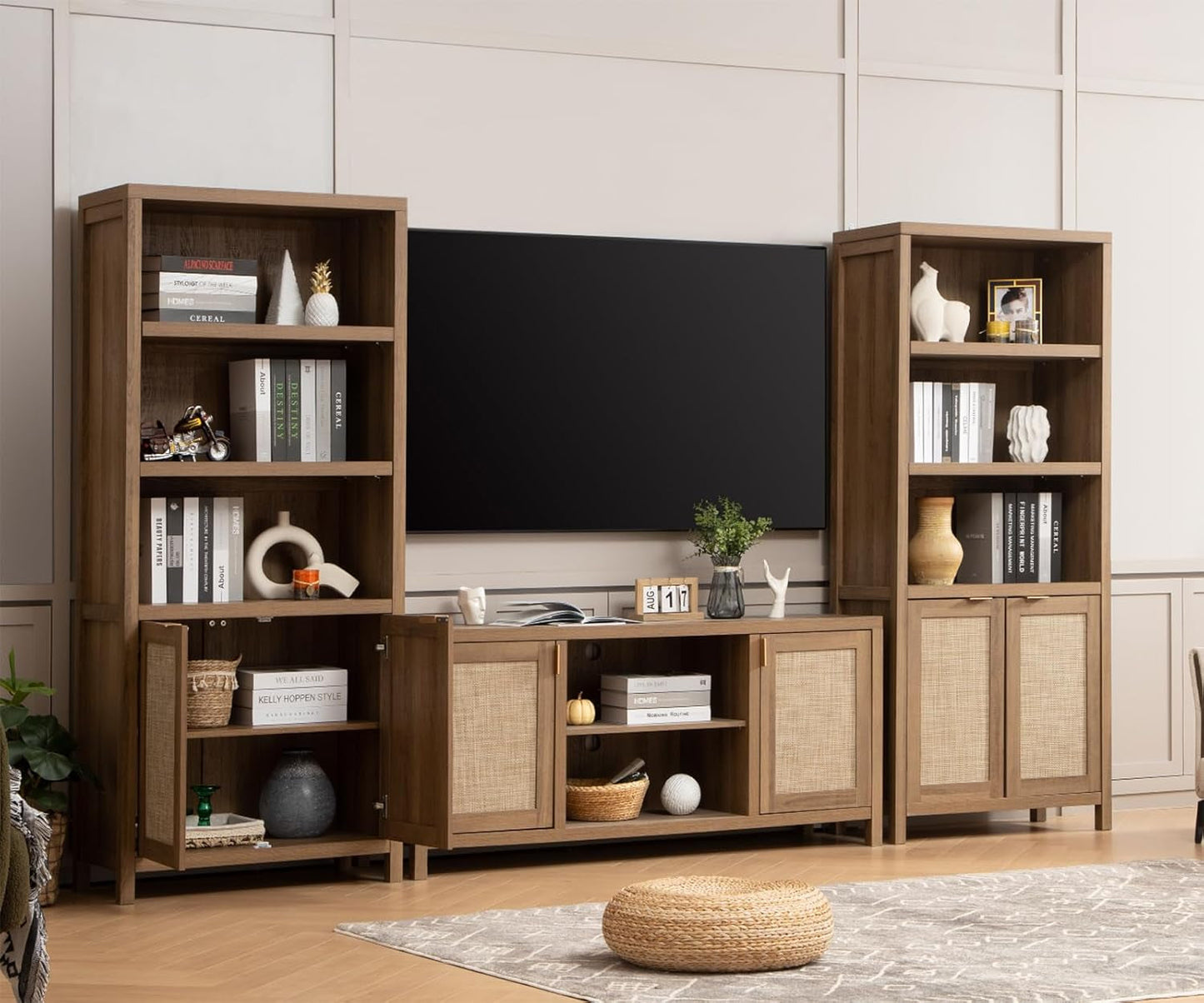 TV Stand for Living Room : Rattan TV Console Cabinet with Storage and Shelf, Boho Entertainment Center, 59" Media Console for 55, 65 Inch TV, 26" Tall Wood Television Stands, Oak-4