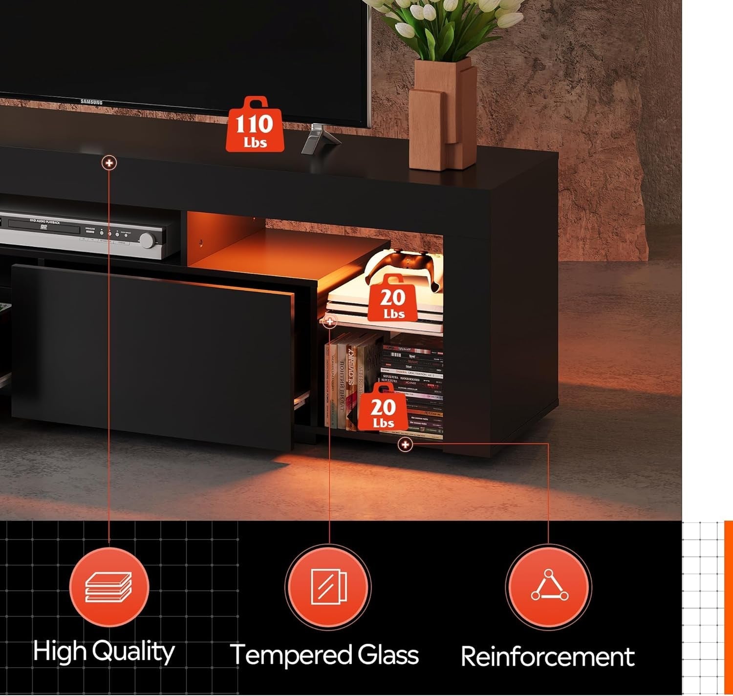 63 Inch TV Stand, LED Entertainment Center for 60 to 70 Inch TV, Modern TV Console with 2 Drawers, TV Stands for Living Room, Black-3