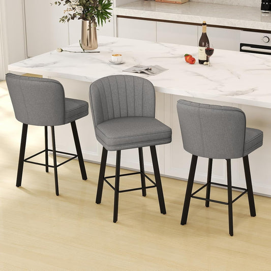 Swivel Counter Height Bar Stools Set of 3, 26'' Modern Barstools with Backs and Metal Legs, Upholstered Bar Chairs, Faux Leather Mid-Gray Stools for Kitchen Island Chairs